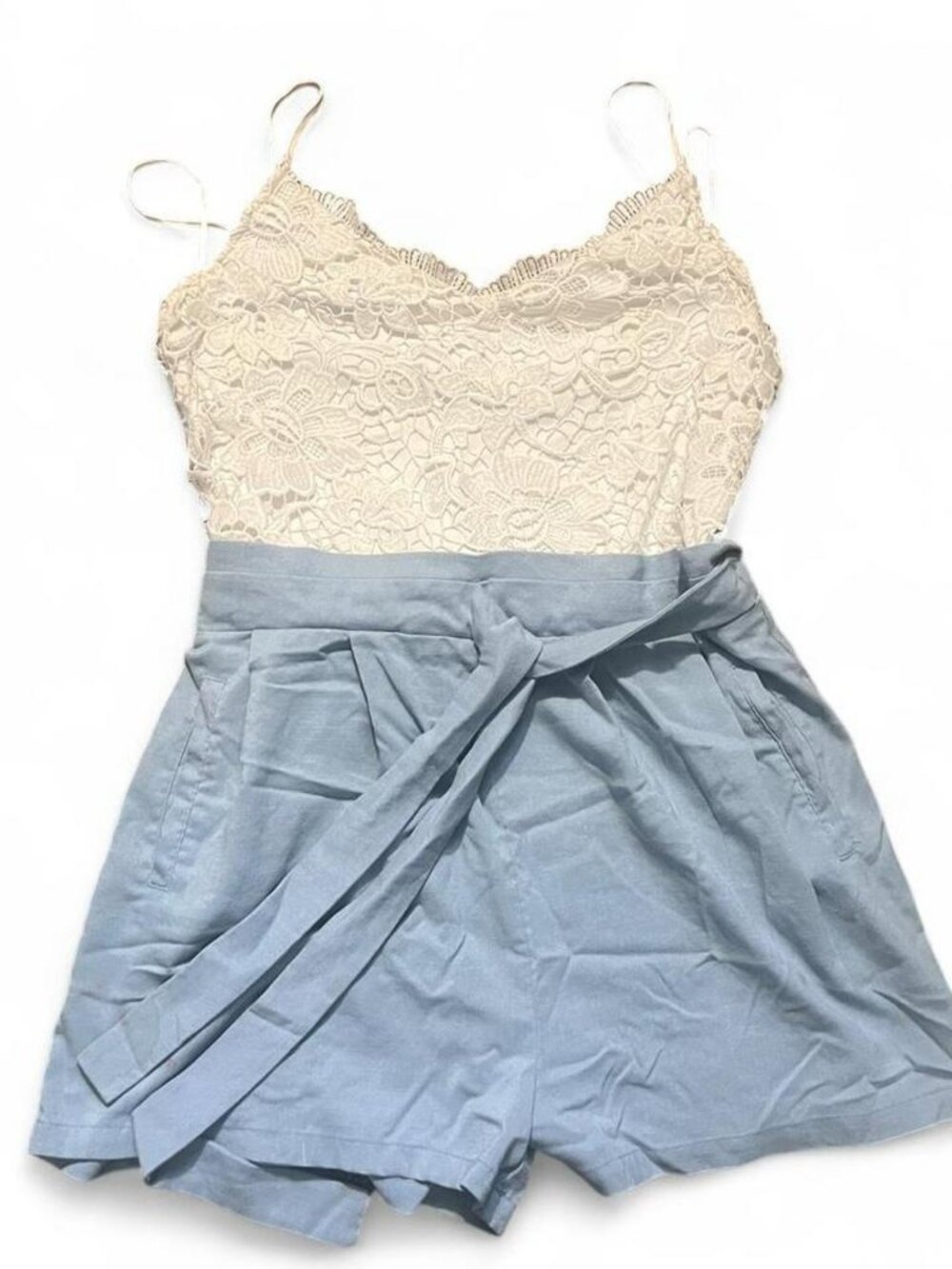 Cream Jumpsuit with Blue Shorts